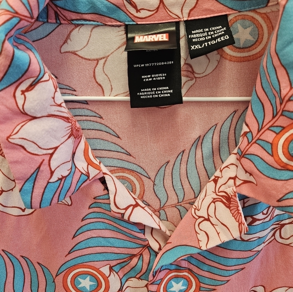 Marvel Captain America Mens Hawaiian Button Down Shirt Pink - Picture 2 of 5